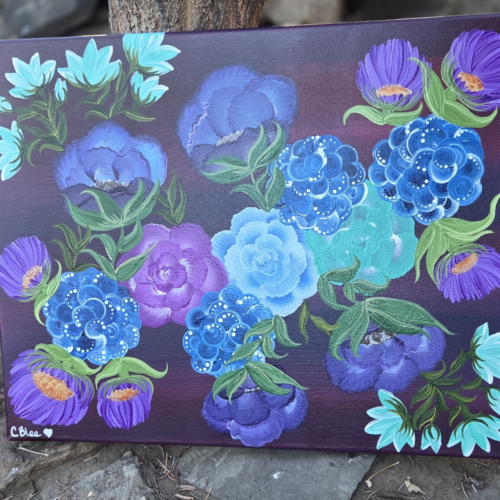 Floral Burst Art Painting - Blue, Purple, Green